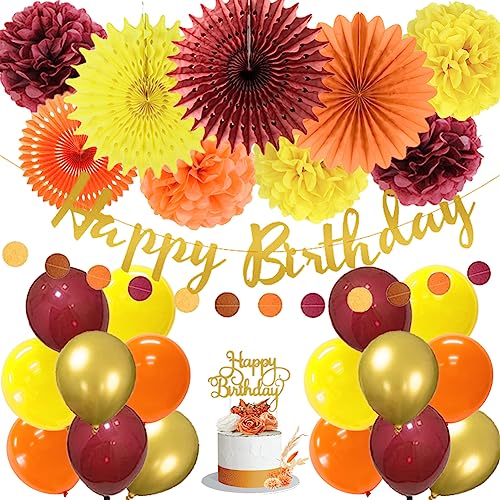 Geburtstag Deko Herbst Party Deko Orange Papierfächer Seidenpapier Pompons Burgund Gold Luftballons Happy Birthday Girlande Kreis Punkt Blatt Girlande für Herbst Ernte Thanksgiving Party Dekorationen von FETETIJD