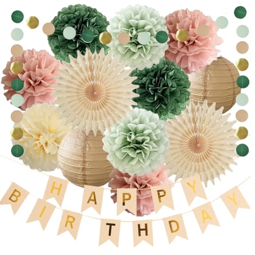 Geburtstag Deko Salbeigrün Rosa Beige Happy Birthday Papier Girlande Olivgrün Rosa Seidenpapier Pompoms für Frauen Mädchen Neutral Geburtstag Party Deko von FETETIJD