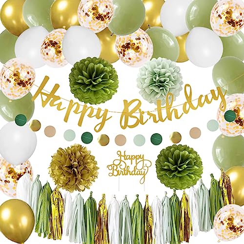 Geburtstagsdeko Salbeigrün Grün Gold Luftballons Mädchen Kindergeburtstag Deko Happy Birthday Banner Papier Girlande Salbeigrün Pompons für Junge Frauen Natural Geburtstag Party Deko von FETETIJD