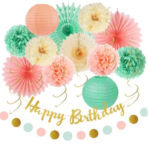 Geburtstagsdeko Pfirsich Mint Deko Geburtstag Pfirsich Happy Birthday Geburtstagsdeko Mint Rosa Pompons Kit für Mädchen Frauen Party Deko Geburtstag Mint von FETETIJD