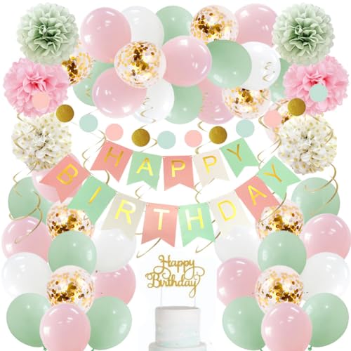 Geburtstagsdeko Rosa Mint Grün Gold Luftballons Geburtstag Mädchen Seidenpapier Pompons Hängende Wirbel Gold Papier Girlande Rund Kreis Kit mit Happy Birthday Girlande Tortendeko von FETETIJD