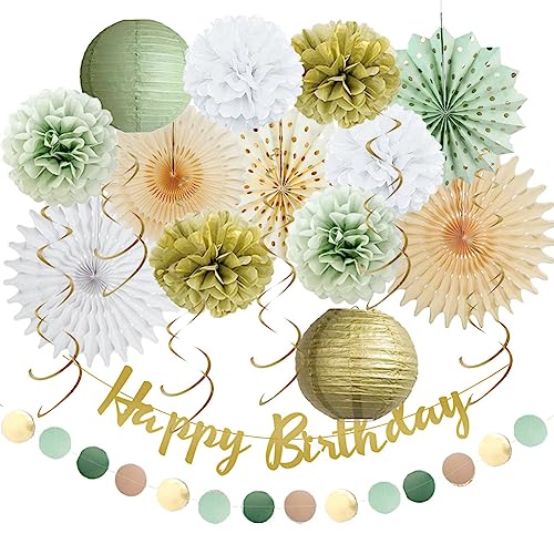 Geburtstagsdeko Salbeigrün Frauen Deko Geburtstag Salbeigrün Gold Girlande Geburtstag Grün Gold Weiß Pompons Deko Salbei Weiss Papierfächer Beige mit Happy Birthday Banner für Mädchen von FETETIJD