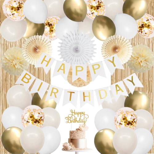 Geburtstagsdeko Beige Gold, Deko Geburtstags Weiß Gold Mädchen Frauen, Kindergeburtstag Deko Beige Luftballons Happy Birthday Girlande Papier Pompons für Neutral Beige Geburtstag Party Deko von FETETIJD