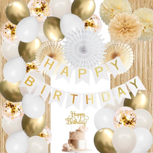 Geburtstagsdeko Mädchen Frauen, Beige Weiß Gold Party Deko Luftballons Happy Birthday Girlande Papierfächer Papier Pom Poms für Neutral Beige Geburtstag Party Deko von FETETIJD