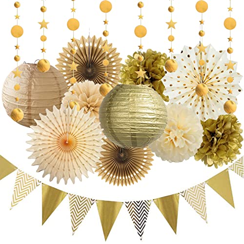 Gold Party Dekoration Creme Tan Papierfächer Papier Laterne Pompons Papierblumen Wimpel Banner für Hochzeitsdeko Geburtstag Brautdusc Babyparty Verlobungsfeier Abschluss Dekoration von FETETIJD