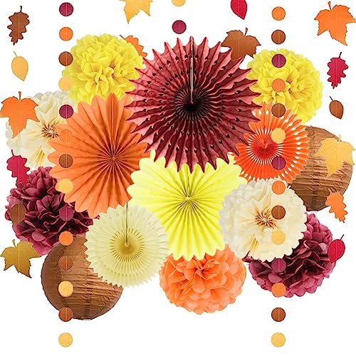 Herbst Party Deko Geburtstag Ahornblätter Girlande Orange Burgund Papierfächer Seidenpapier Pompons Laternen Kreis Punkt Blatt Girlande für Herbst Babyparty Brautdusche Thanksgiving Party Dekorationen von FETETIJD