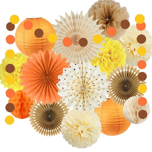 Herbst Deko Orange Gelb Beige Party Deko Orange Gelb Braun Papierlaterne Papierfächer Pompoms Kreis Girlande für Herbst Geburtstags Brautparty Herbst Partydeko von FETETIJD