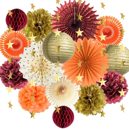 Herbst Deko Rot Orange Gold Seidenpapier Pompons Deko Burgund Gold Papierlaternen Satr Papier Girlande Herbst Geburtstag Babyparty Brautdusche Thanksgiving Dekorationen von FETETIJD