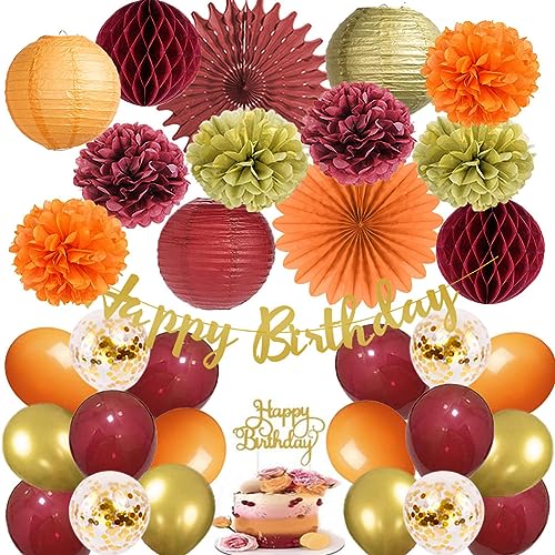 Herbst Geburtstags Deko Rot Gold Orange Pompons Deko Luftballons Rot Orange Gold Papierlaternen Geburtstagsdeko Herbst Party Deko mit Happy Birthday Tortendeko für Mädchen Frauen von FETETIJD