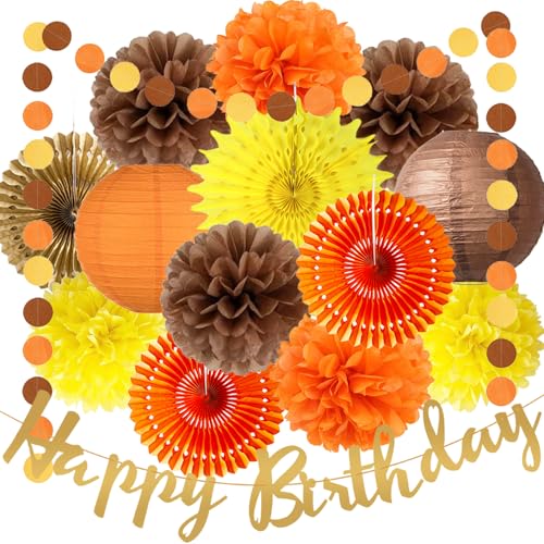 Herbst Geburtstags Party Dekorationen Orange Party Dekorationen Orange Braun Gelb Papierlaterne Papierfächer Pompoms mit Happy Birthday Banner Hochzeit Geburtstag Thanksgiving Gartenparty Deko von FETETIJD