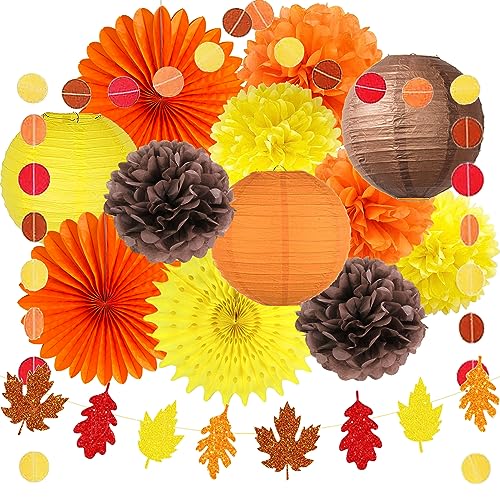 Herbst Party Deko Geburtstag Ahornblätter Girlande Papierfächer Orange Braun Gelb Papierlaterne Papierfächer Pompoms Set für Thanksgiving Herbst Party Hochzeit Geburtstag Dekoration von FETETIJD