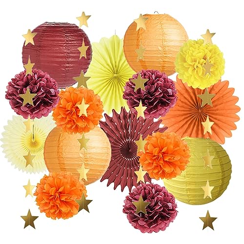 Herbst Party Deko Rot Gelb Orange Pompons Deko Rot Orange Papierlaternen Herbstdeko Gelb Papierfächer mit Stern Girlande für Babyparty Deko Herbst Brautdusche Geburtstagsdeko von FETETIJD