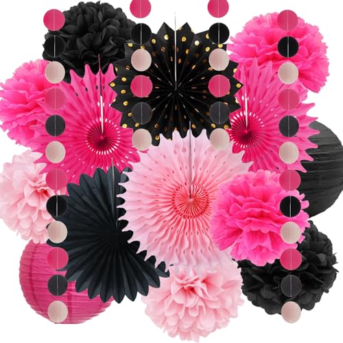 Hot Pink Party Dekorationen für Mädchen Frauen Hot Pink und Schwarz Seidenpapier Pom Poms Hängende Papierfächer Papierlaternen Fuchsia Pink Papier Dekoration Hochzeit Geburtstag Abschluss von FETETIJD