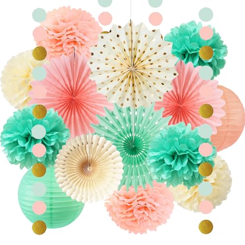 Mint Peach Creme Party Dekoration Papier Pompons Papierfächer Papier Laterne Papier Girlande Mintgrün Geburtstag Party Dekoration für Hochzeit Geburtstag Brautdusche Bachelorette Babyparty von FETETIJD