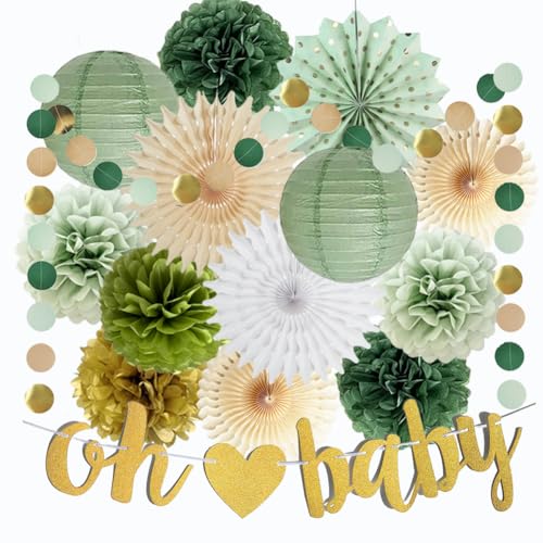 Babyparty Deko Salbeigrün Gold Baby Shower Deko Junge Babyparty Girlande Grün Gold Seidenpapier Pom Poms Oh Baby Girlande für Gender Reveal Party Dekoration von FETETIJD