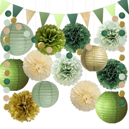 Papierlaternen Party Deko Salbeigrün Olivgrün Gold Seidenpapier Pom Poms Papier Girlande für Grün Babyparty Geburtstag Hochzeit Brautparty Deko von FETETIJD