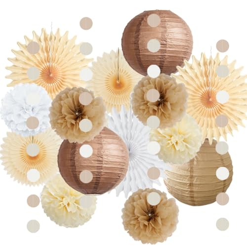 Party Deko Beige Braun Neutral Party Deko Boho Creme Papierfächer Seidenpapier Pompons Weiß Papierlaternen Deko Set für rustikale Babyparty Brautdusche Geburtstag Hochzeit Verlobung von FETETIJD