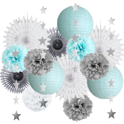 Party Deko Blau Weiß Grau Pompons Papierlaternen Blau Grau Deko Party Winter Deko Grau Blau für Babyparty Deko Winter Geburtstag Deko Hellblau Hochzeit Deko Blau Grau von FETETIJD