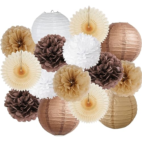 Party Deko Braun Beige Babyparty Neutral Geburtstag Vintage Pompons Deko Braun Beige Papierfächer Papierlaterne Natur Set Boho Party Deko für Geburtstagsdeko Hochzeitsdeko Braune Party Deko von FETETIJD