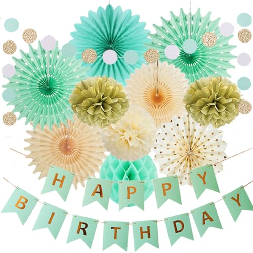 Party Deko Geburtstag Grün Gold Geburtstagsdeko Mint Gold Papierfächer Grün Pompons Deko Gold Beige mit Happy Birthday Girlande Mint für Deko Geburtstag Mädchen Frau Mintgr von FETETIJD