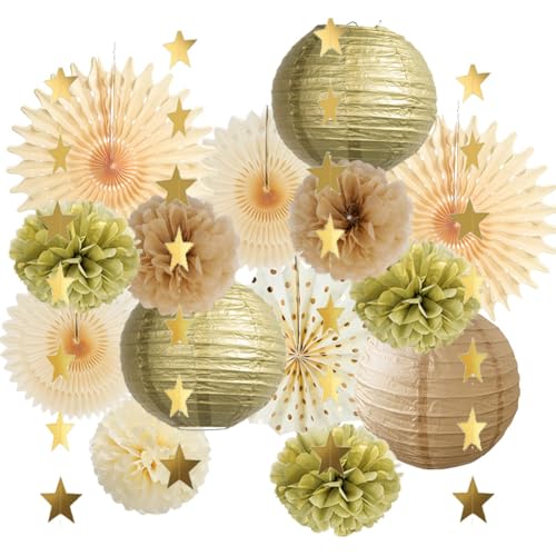 Party Deko Gold Beige Deko Pompons Gold Braun Goldene Partydeko Papierfächer Lampions Kit für Neutral Deko Geburtstag Beige Gold Babyparty Hochzeitsdeko Abschluss von FETETIJD