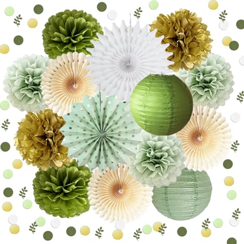 Party Deko Olivgrün Gold Tischdeko Geburtstag Seidenpapier Pom Poms Papierfächer Papierlaterne Grün Gold Konfetti für Mann Frau Mädchen Junge Geburtstag Babyparty Hochzeit Party Deko von FETETIJD