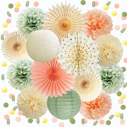 Party Deko Pfirsich Salbeigrün Creme Seidenpapier Pom Poms Deko Papierfächer Papierlaterne Konfetti Punkte Streutisch Tischdeko für Babyparty Geburtstag Hochzeit Brautdusche Party Dekoration von FETETIJD