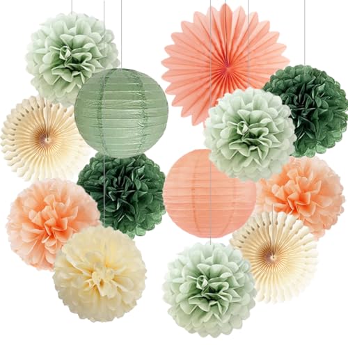 Party Deko Pfirsich Salbeigrün Olivgrün Papierfächer Seidenpapier Pom Poms Papierlaterne Deko für Babyparty Pfirsich Geburtstag Hochzeit Brautdusche Party Dekoration von FETETIJD