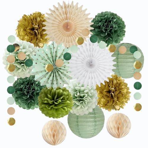 Party Deko Salbeigrün Geburtstag Deko Olivgrün Salbeigrün Gold Seidenpapier Pom Poms Papierfächer Kreis Punkte Hängende Schnur Girlande für Hochzeit Babyparty Party Deko von FETETIJD