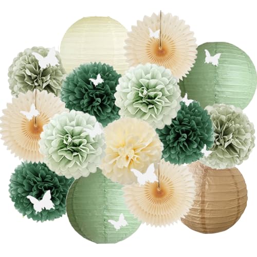 Party Deko Salbeigrün Papierlaternen Pompons Deko Salbei Beige Party Deko Olivgrün mit 3D Schmetterling Weiß für Babyparty Deko Beige Grün Brautparty Geburtstag Hochzeit Verlobung Gartenparty Deko von FETETIJD