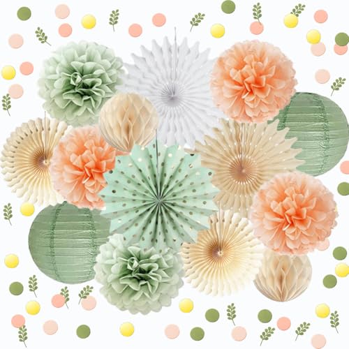 Salbeigrün Party Deko Pfirsich Creme Seidenpapier Pom Poms Deko Babyparty Deko Papierlaterne Konfetti Punkte Streutisch Tischdeko für Geburtstag Hochzeit Brautdusche Party Dekoration von FETETIJD