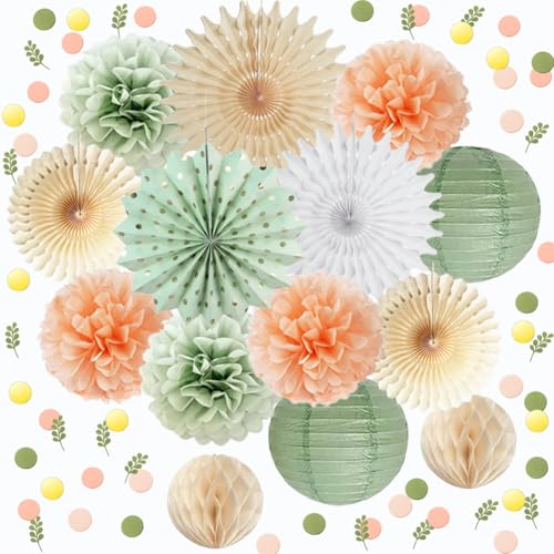 Party Deko Salbeigrün Pfirsich Creme Seidenpapier Pom Poms Papierlaterne Konfetti Punkte Streutisch Dekoration für Geburtstag Neutral Babyparty Hochzeit Brautdusche Party Deko von FETETIJD