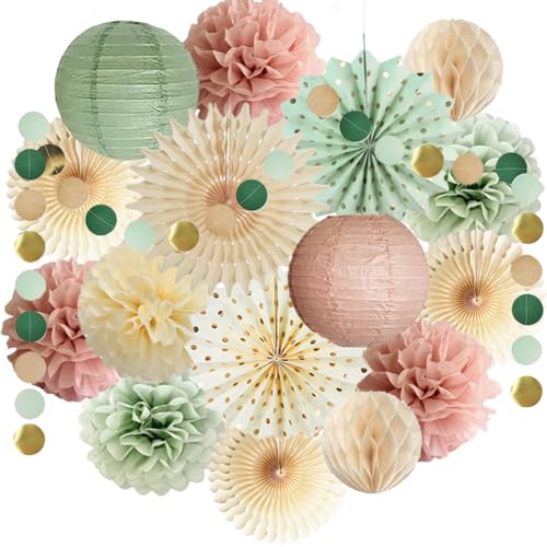 Party Deko Salbeigrün Rosa Geburtstagsdeko Beige Rosa Seidenpapier Pompoms Papierfächer Papierlaterne Salbeigrün Papier Girlande für Neutral Babyparty Brautparty Hochzeit Party Dekoration von FETETIJD