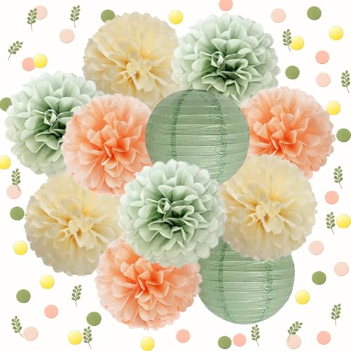 Party Deko Salbeigrün Pfirsich Seidenpapier Pom Poms Papierlaternen Konfetti Punkte Streutisch Dekoration für Geburtstag Neutral Babyparty Hochzeit Party Deko von FETETIJD