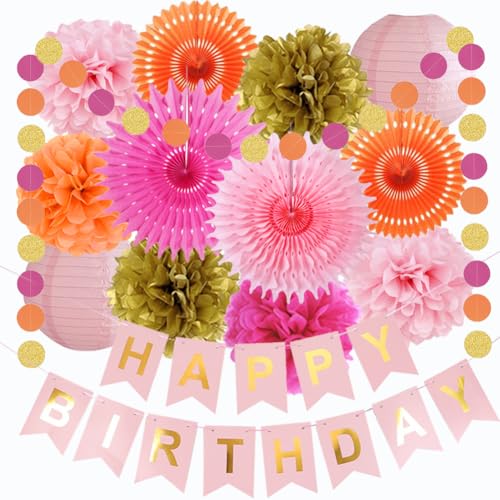 Rosa Orange Geburtstag Party Dekorationen Herbst Geburtstag Dekoration Hot Pink Orange Gold Papierfächer Papier Pom Poms Laternen Kreis Punkte Girlande Happy Birthday Banner für Frauen Mädchen von FETETIJD