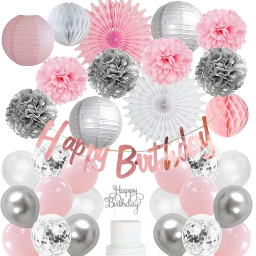 Rosa Weiß Silber Geburtstag Dekorationen Pom Poms Papierlaternen Fächer Hellrosa und Silber Geburtstagsdekorationen Rosa Weiß und Silber Luftballons Kit mit Happy Birthday Banner Kuchen Topper für von FETETIJD