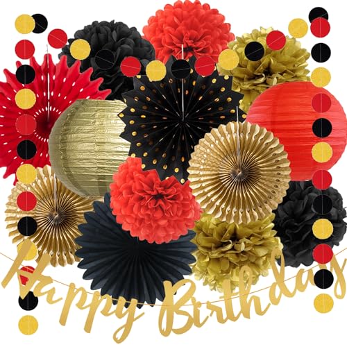 Rot Schwarz Gold Geburtstag Party Dekorationen Papierlaternen Pom Poms Blumen Fans Casino Thema Party Dekorationen für Geburtstag Hochzeit Jahrestag Brautparty Junggesellinnenabschied Babyparty Party von FETETIJD