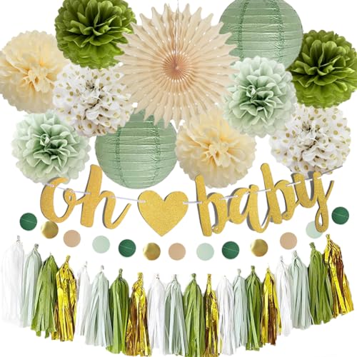 Babyparty Deko Junge Salbeigrün Baby Shower Deko Junge Mädchen Grüne Gold Babyparty Girlande Salbeigrün Creme Gold Seidenpapier Pom Poms für Gender Reveal Party Dekoration Boy Girl von FETETIJD