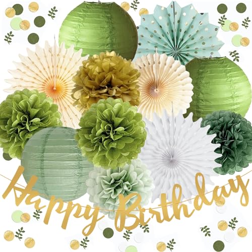 Salbeigrün Geburtstagsdekorationen Olivgrün Creme Gold Seidenpapier Pom Poms Papierlaternen Happy Birthday Banner Salbeigrün Konfetti Punkte Streutischdeko für Geburtstag Babyparty Dekoration von FETETIJD