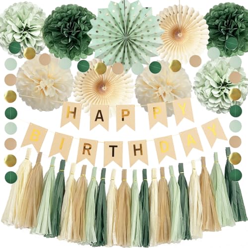 Geburtstagsdeko Salbeigrün Neutral Party Deko Olivgrün Salbei Creme Seidenpapier Pompoms Happy Birthday Papier Girlande für Frauen Mädchen Geburtstags Party Deko von FETETIJD