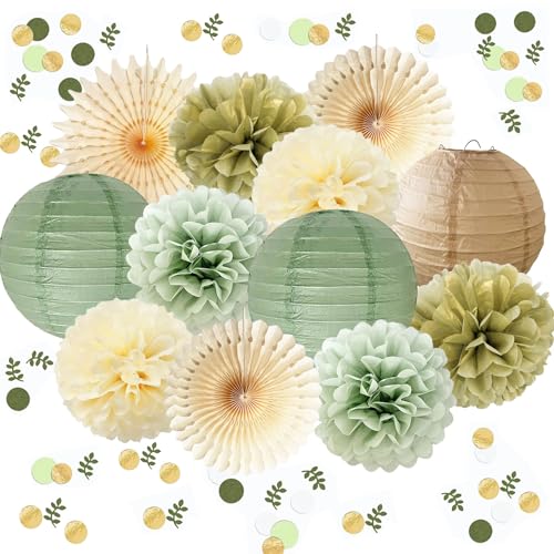 Salbeigrün Gold Party Dekorationen Salbei Gold Creme Seidenpapier Pom Poms Papierlaternen Salbeigrün Konfetti Punkte Streutischdekoration für Hochzeit Verlobung Babyparty Geburtstag Party Dekorationen von FETETIJD