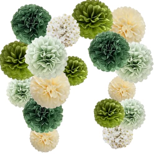 Salbeigrün Hochzeit Party Dekorationen Olivgrün Creme Boho Seidenpapier Pom Poms hängende Dekoration für Salbei Geburtstag Babyparty Brautparty Partyzubehör von FETETIJD