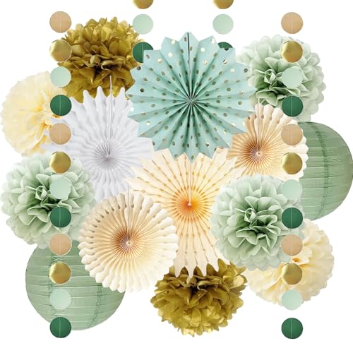 Salbeigrün Party Dekorationen Salbeigrün Creme Gold Seidenpapier Pom Poms Papierfächer Olive Salbei Gold Kreis Punkte Girlande für Salbei Geburtstag Babyparty Verlobung Brautdusche Hochzeit Party von FETETIJD