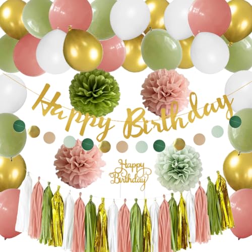 Geburtstagsdeko Salbeigrün Rosa Party Deko Happy Birthday Papier Girlande Salbei Grün Rosa Luftballons Olivgrün Rosa Seidenpapier Pompoms für Frauen Mädchen Neutral Geburtstagdeko von FETETIJD