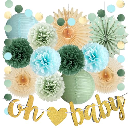 Salbeigrün und Blau Babyparty-Dekorationen Papierlaternen Seidenpapier Pom Poms Olive Salbeigrün und Hellblau Babyparty-Dekorationen mit Oh Baby Banner Gold für Baby Jungen von FETETIJD