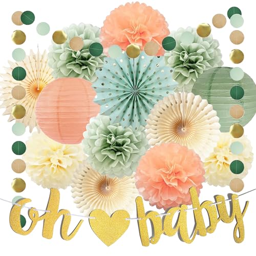 Salbeigrün Babyparty Dekorationen Oh Baby Banner Salbeigrün Pfirsich Creme Seidenpapier Pom Poms Blumen Papierfächer Salbei Pfirsich Babyparty Dekoration Boy or Girl Gender Reveal Party Deko von FETETIJD