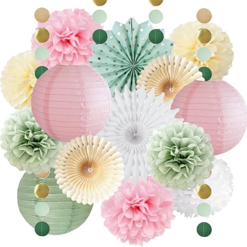 Salbeigrün und Rosa Party Dekoration Salbeigrün Creme Rosa Papier Pom Poms Blumen Papierfächer Olive Salbei Gold Kreis Punkte Girlande für Geburtstag Babyparty Hochzeit Brautdusche Party Dekoration von FETETIJD