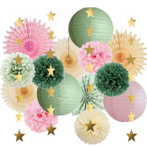 Party Deko Salbeigrün Rosa Pompons Deko Salbei Olivgrün Geburtstagsdeko Salbei Rosa Party Deco Grün Rosa Papierfächer Papierlaternen Kit für Babyparty Deko Mädchen Brautparty Hochzeit Verlobung von FETETIJD