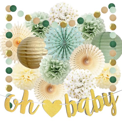 Salbeigrüne Baby Shower Deko Babyparty Dekoration Junge Oh Baby Banner Papier Pom Poms Blumen Papierfächer Laternen Grüne Gold Baby Shower Dekoration Boy or Girl Gender Reveal Geburtstag Party von FETETIJD