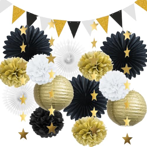 Party Deko Schwarz Gold Weiß Geburtstag Deko Papierfächer Pompons Deko Weiss Gold Papierlaterne für Geburtstagsdeko Schwarz Gold Hochzeit Babyparty Jubiläum Pensionierung Deko Abschluss von FETETIJD